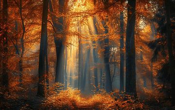 Magie bij zonsopgang in het herfstbos van fernlichtsicht