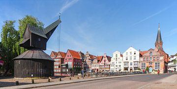 Oude kraan, vakwerkhuizen, Ilmenau, oude stad, Lüneburg, Nedersaksen, Duitsland, Europa