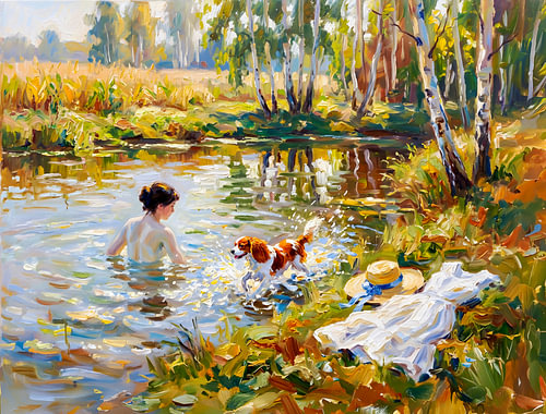 Woman Bathing in Pond with Cavalier Spaniel
