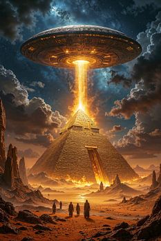 Fantasy Art Wandbild: ANCIENT ALIENS - Ein UFO über der goldenen Pyramide