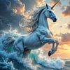 AQUARYN - Ein weißes Einhorn im tosenden Meer bei Sonnenuntergang von INFERAURUM