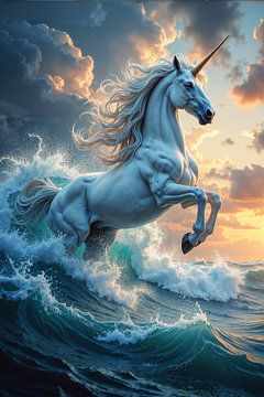 AQUARYN - Ein weißes Einhorn im tosenden Meer bei Sonnenuntergang von INFERAURUM