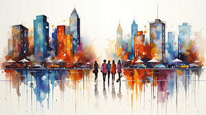 Stadt mit Menschen Panorama-Aquarell auf weißem Hintergrund, Farb Kunst Design