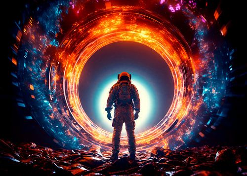 Astronaut voor een portaal naar een ander sterrenstelsel