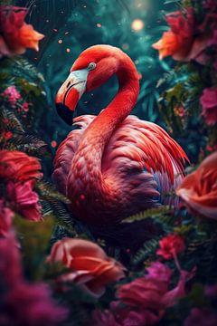 Flamingo omringt door bloemen van Digitale Schilderijen