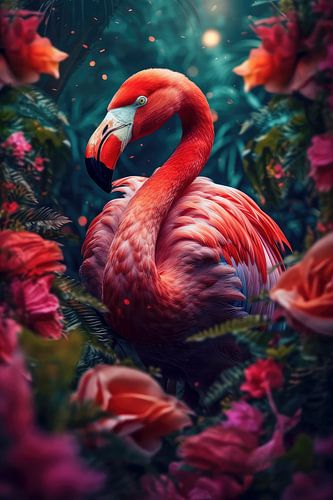 Flamingo omringt door bloemen