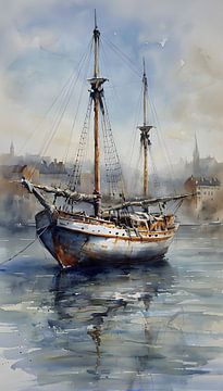 Aquarel illustratie van zeilboot van Ljupka Kareska