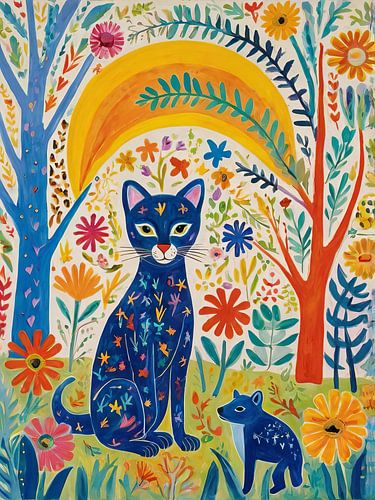 Chat bleu et fleur Style Henri Matisse