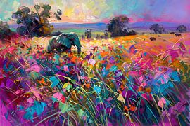 Colourful elephant in abstract landscape painting by Art & Soul Creations