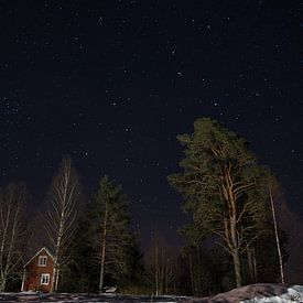 Zweeds huisje onder sterrenhemel van Joran Quinten