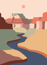 Minimalistische Schluchtlandschaft mit einem sich schlängelnden Fluss, geschichteten Felswänden und warmen Wüstentönen von Adam Khabibi
