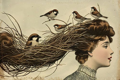 Femme avec un nid et des oiseaux