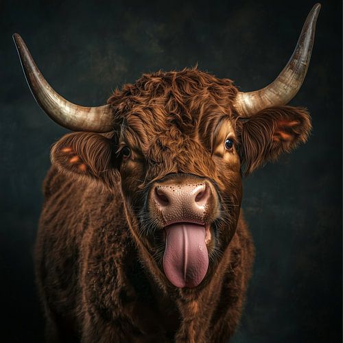 Portrait dramatique d'un bovin : une vache Highland montre sa langue et son charme