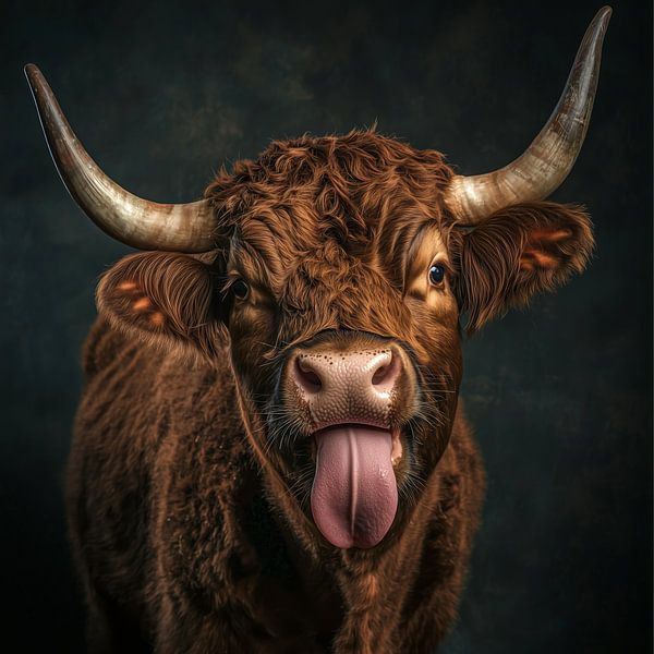 Portrait dramatique d'un bovin : une vache Highland montre sa langue et son charme par MArt