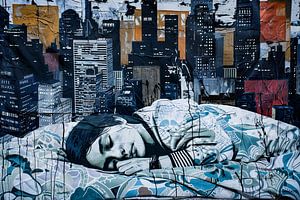 Urbanes Kunstwerk: Schlafende Frau und Skyline