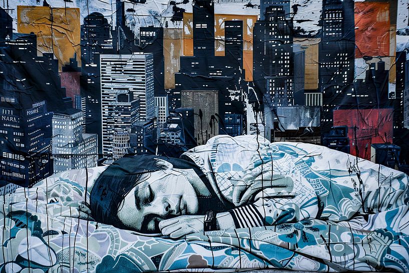 Urban Artwork: Sleeping woman and Skyline by Vlindertuin-Art