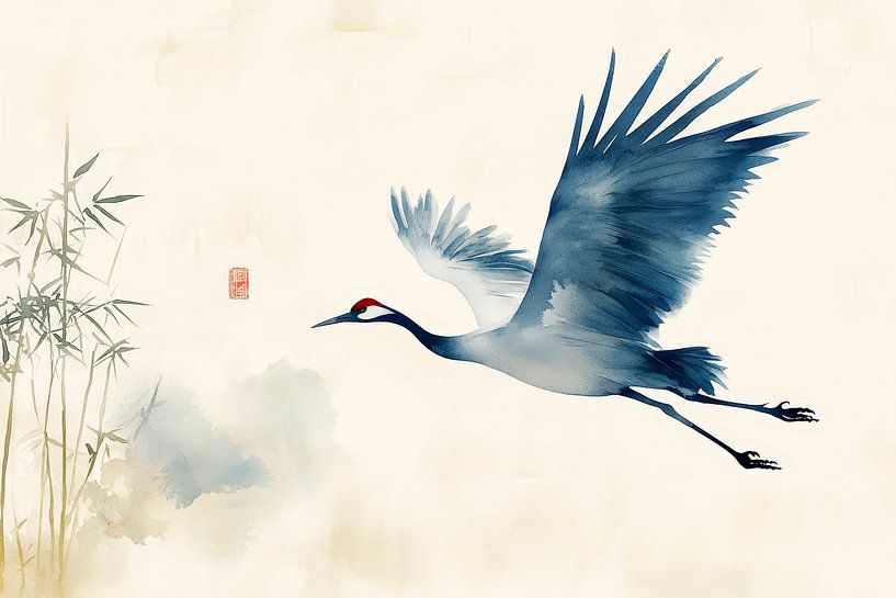 Elegant crane flight in the bamboo forest by Poster Art Shop