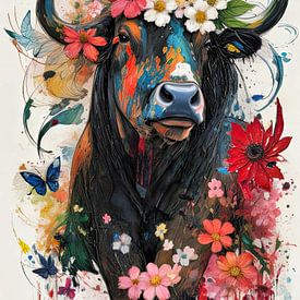 Bont geschilderde koe met bloemen van Arjen Roos