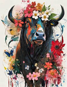 Vache peinte colorée avec des fleurs sur Arjen Roos