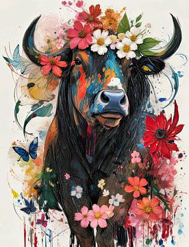Bont geschilderde koe met bloemen van Arjen Roos