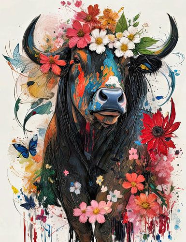 Colourful painted cow with flowers