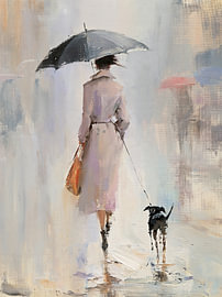 Frau mit Hund im Regen von Lina van Oers