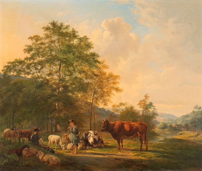 Landscape with shepherd, bulleman and cattle, Pieter Gerardus van Os by Masterful Masters