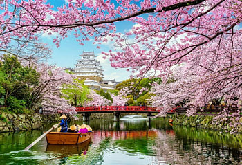 Die Burg Himeji mit Kirschblüten und einem Holzboot