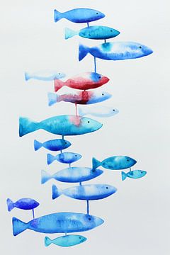 Verbonden met elkaar (abstract aquarel schilderij dieren vissen blauw zee oceaan abstract vissenkom)