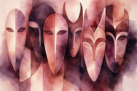 Masques mystiques dans un style moderne (IA) (puissant, art masculin, robuste, repaire de mec, abstrait)