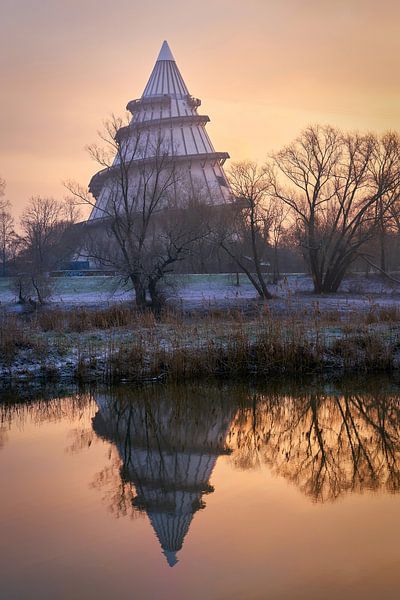 Oude Elbe in Maagdenburg met millenniumtoren in het Elbauenpark van Heiko Kueverling