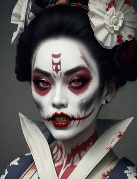 Geisha zombie en costume traditionnel, coiffée et maquillée.