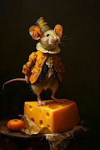 Maus, die auf einem Stück Käse steht