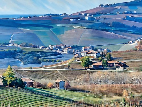 Langhe glooiende wijngaarden in het vroege voorjaar