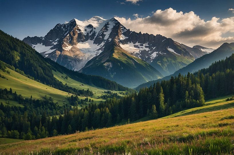 Atemberaubende Bergkulisse mit grünen Wiesen von Art & Soul Creations