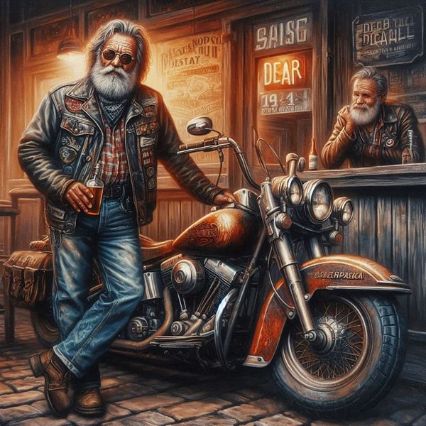 älterer Mann mit Motorrad in einer Bar von Bernhard Karssies