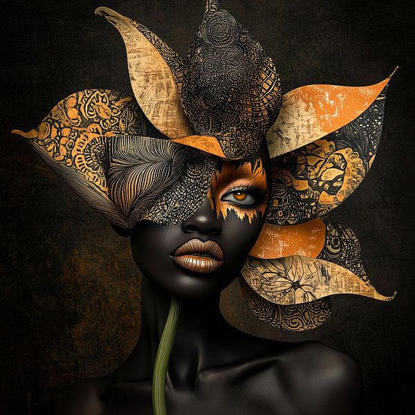 Portrait surréaliste avec couronne de fleurs dans les tons chauds de la terre par Color Square
