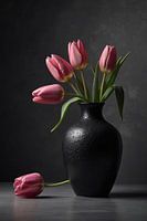 Still life with pink tulips in dark vase