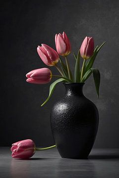 Nature morte avec tulipes roses dans un vase foncé sur De Muurdecoratie