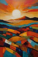 Radiant sun over colourful abstract fields
