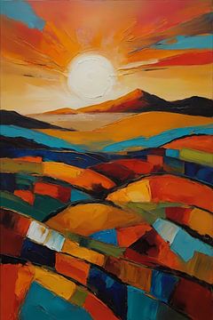 Radiant sun over colourful abstract fields by De Muurdecoratie