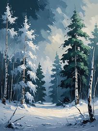 Eine heitere Landschaft mit schneebedeckten Kiefern und Birken unter einem nebligen Himmel