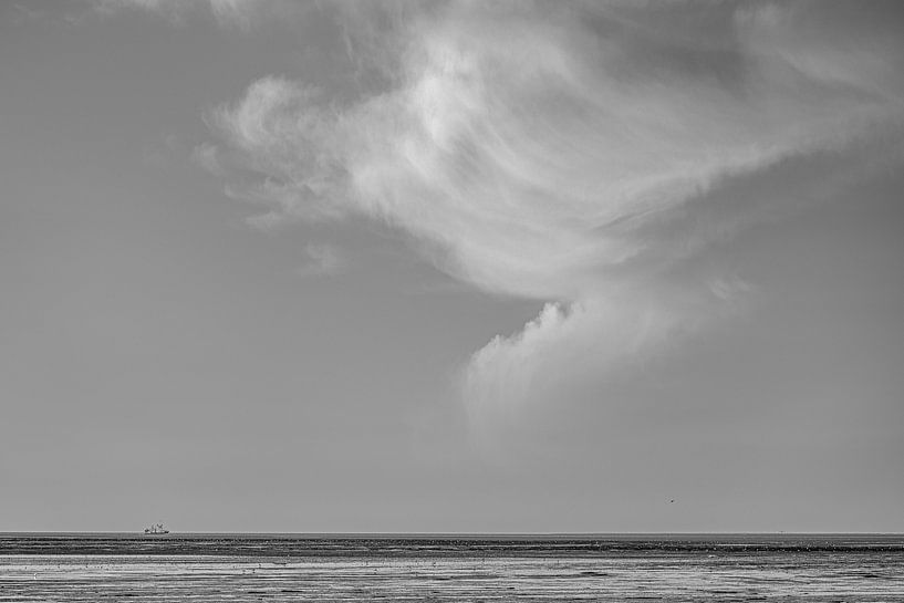 Fishing boat on the Wadden Sea and a beautiful cloudscape by Harrie Muis