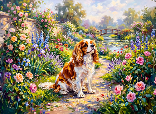 Cavalier-spaniël in een zomerse tuin bij een vijver