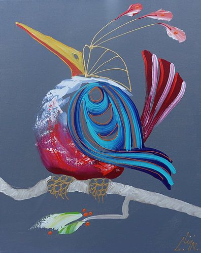 Vogel Acryl Links schauend Grau