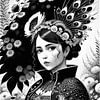 Fille paon portrait coloré en noir et blanc sur Maud De Vries