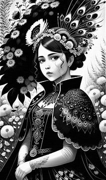 Peacock girl colourful black and white portrait by Maud De Vries