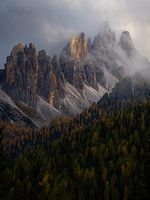 Late sunlight on the mountain peaks of the Italian Dolomites.