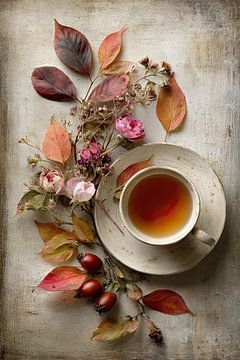 Teacup with Autumn Leaves and Rosehip - Warm Still Life by Joriali photography and paintings