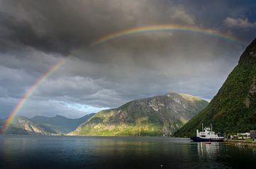 Spectaculaire regenboog boven het Fjord bij Eidsdal (Noorwegen)